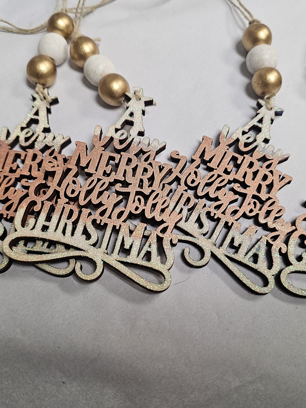 Merry Christmas Wooden Ornaments with Gold Beads & Handpainted Pink-Set Of 6